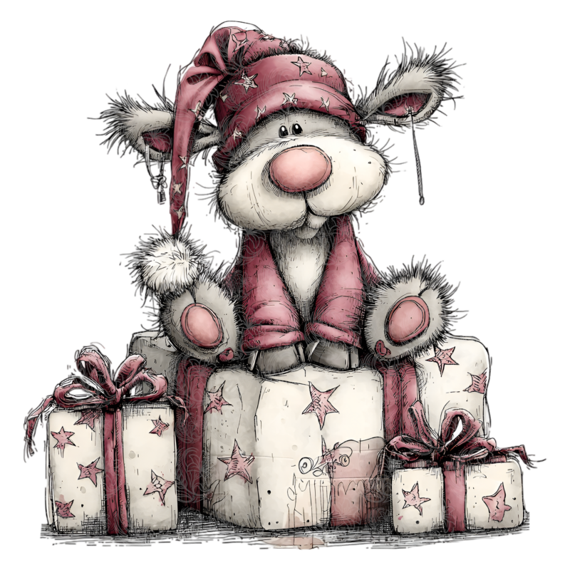 Christmas reindeer stuffed animal in Santa hat perched on star-wrapped gift boxes, Grey Barn Handwerk, Saskatchewan.